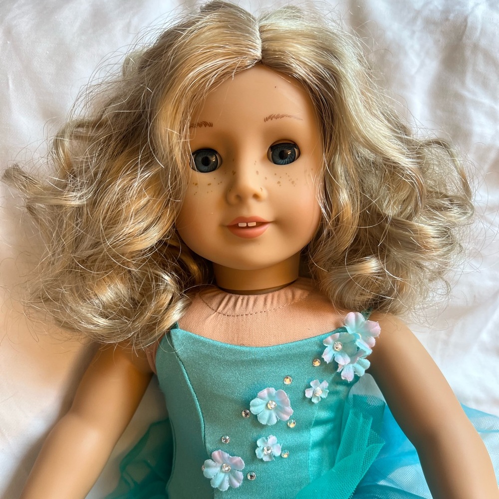 American Girl Doll in Aqua Dress and accessories including violin.